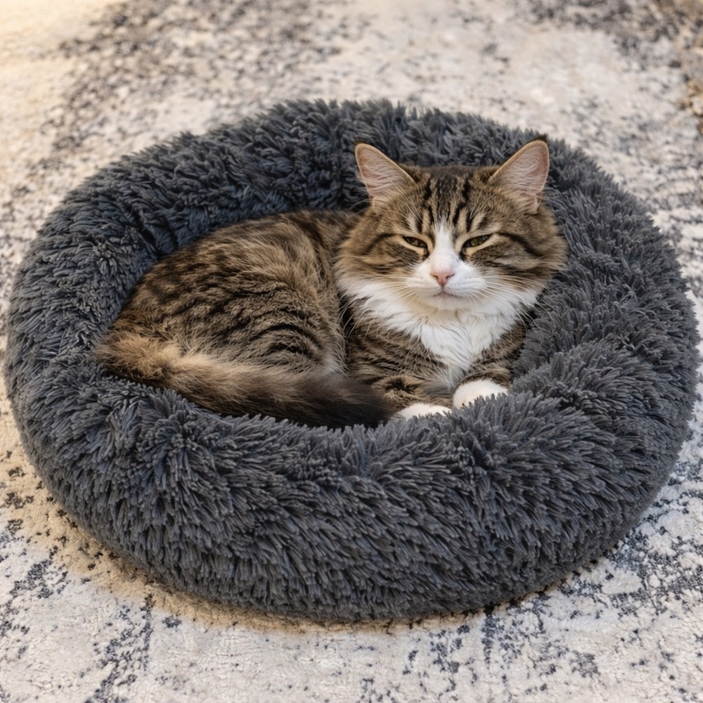 Fluffy Donut Shaped Pet Dog Cat Bed Plush Soft Calming Sleeping Bed 20 inch July